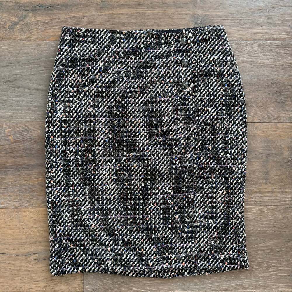 Talbots Pencil Skirt Women 4 Petite Black Tweed Lined Slit Zip Sparkle Multicolo